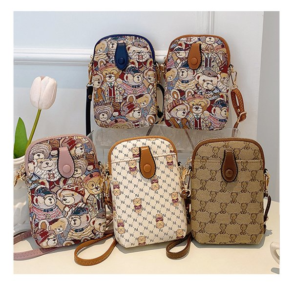 Vintage Bear Print Mini Phone Crossbody Bag  Cute Compact Ladies Shoulder Purse