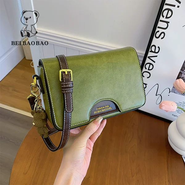 Small Green Crossbody Bag for Women, Faux Leather Flap Purse with Brown Strap and Bear Charm