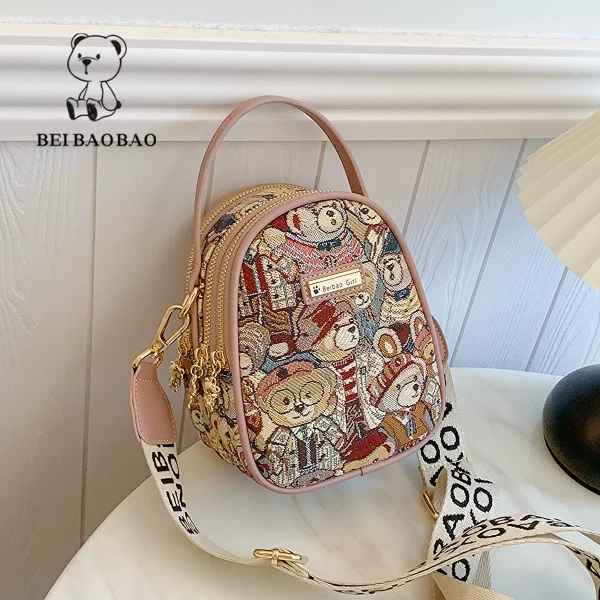 Bear Print Mini Backpack Purse for Women Tapestry Crossbody Bag with Pink Trim and Top Handle