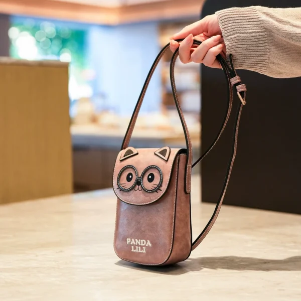 Cute Cat Face Small Crossbody Phone Bag for Women PU Leather Mini Shoulder Purse Brown Adjustable Strap