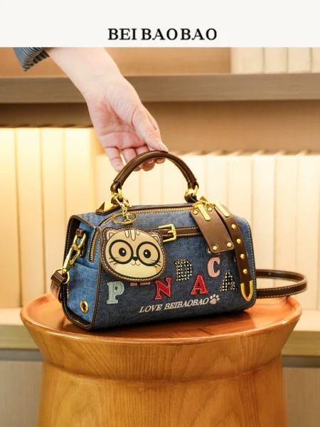 Denim Cat Handbag with Brown Trim, Cute Top Handle Purse with Crossbody Shoulder Strap