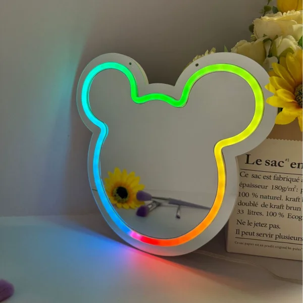 LED Neon Cartoon Mouse Ear Shaped Vanity Mirror with RGB Colorful Glow, Tabletop Makeup Mirror for Bedroom Decor