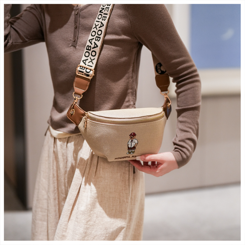 Retro Allover Bear Jacquard Waist Fanny Pack, Cute Embroidered Bear Crossbody Chest Bag With Printed Wide Strap