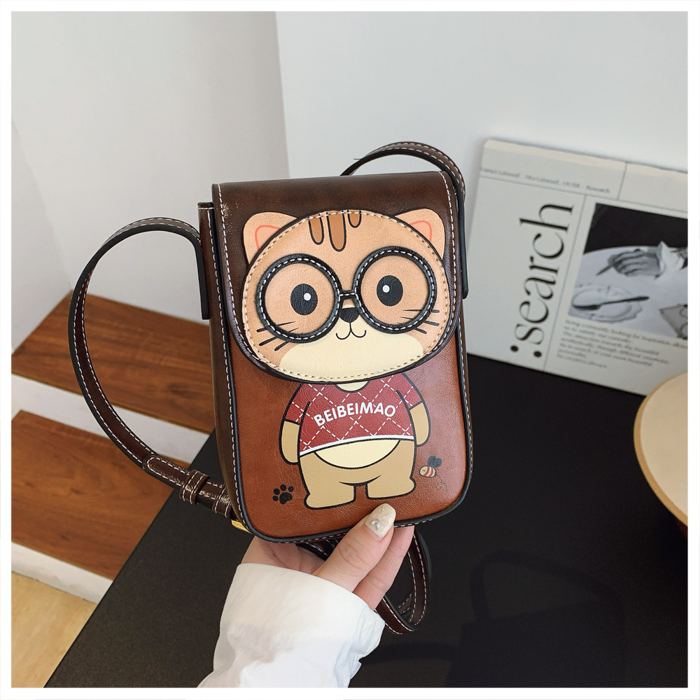 Vintage Retro Cartoon Cat Embossed Phone Crossbody Bag, Women Small Vertical Faux Leather Shoulder Purse with Adjustable Strap