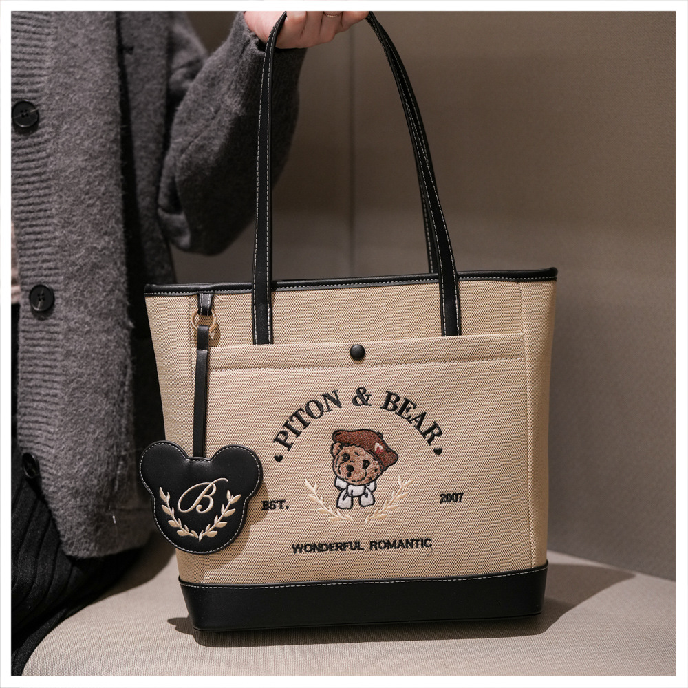 Cute Embroidery Bear Canvas Tote Bag For Women, Large Capacity Vintage Cartoon Bear Shoulder Handbag With Mickey Bear Pendant, Daily Work Shopping Top Handle Bag