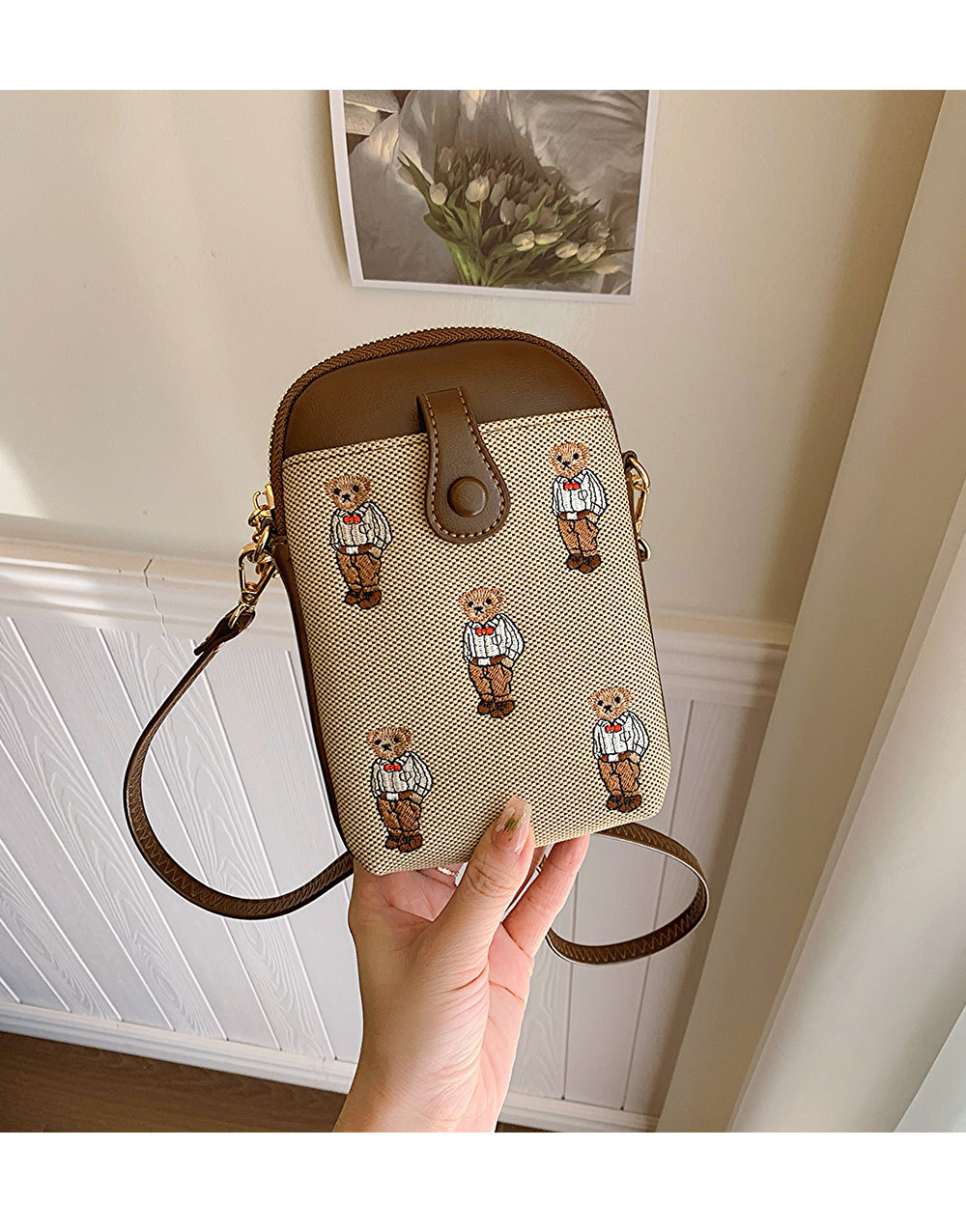 Cute Embroidery Bear Mini Phone Crossbody Bag For Women, Vintage Canvas Small Cell Phone Purse, Adjustable Faux Leather Strap Lightweight Shoulder Wallet Bag For Daily Travel